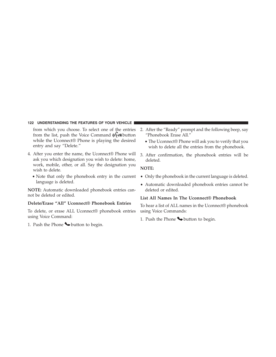Delete/erase “all” uconnect® phonebook entries, List all names in the uconnect® phonebook | Jeep 2015 Compass - Owner Manual User Manual | Page 124 / 572