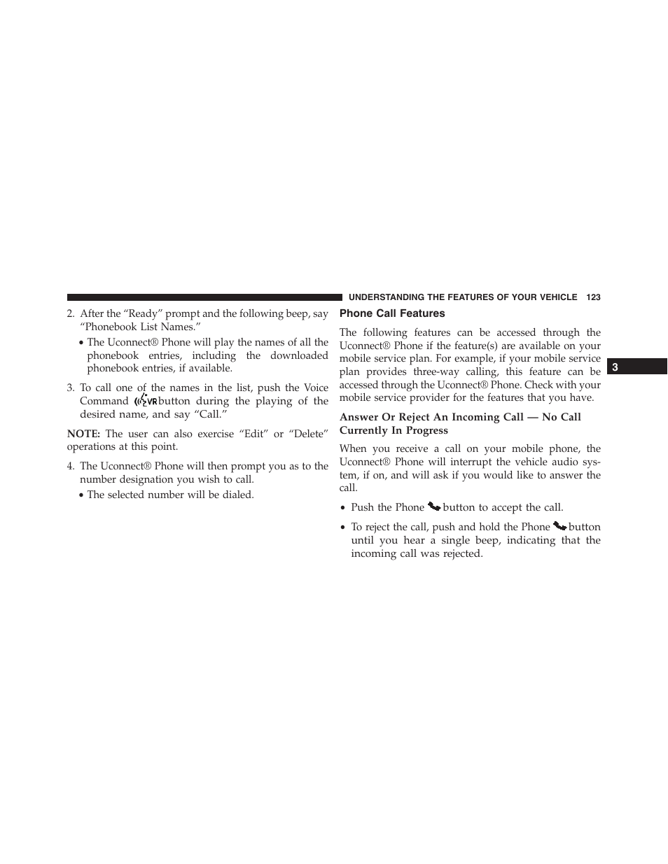 Phone call features | Jeep 2015 Compass - Owner Manual User Manual | Page 125 / 572