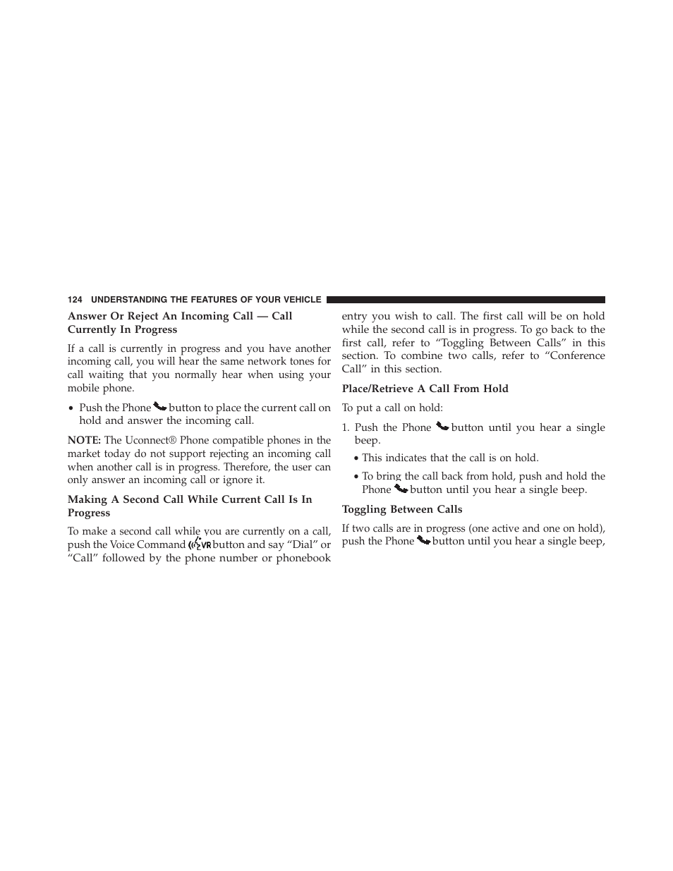 Place/retrieve a call from hold, Toggling between calls | Jeep 2015 Compass - Owner Manual User Manual | Page 126 / 572