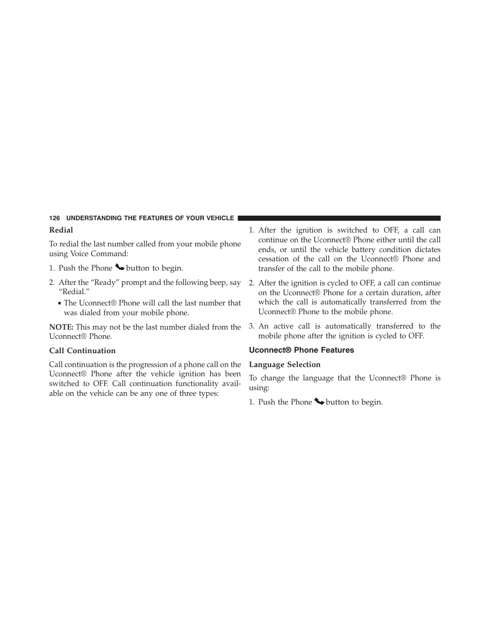 Redial, Call continuation, Uconnect® phone features | Language selection | Jeep 2015 Compass - Owner Manual User Manual | Page 128 / 572