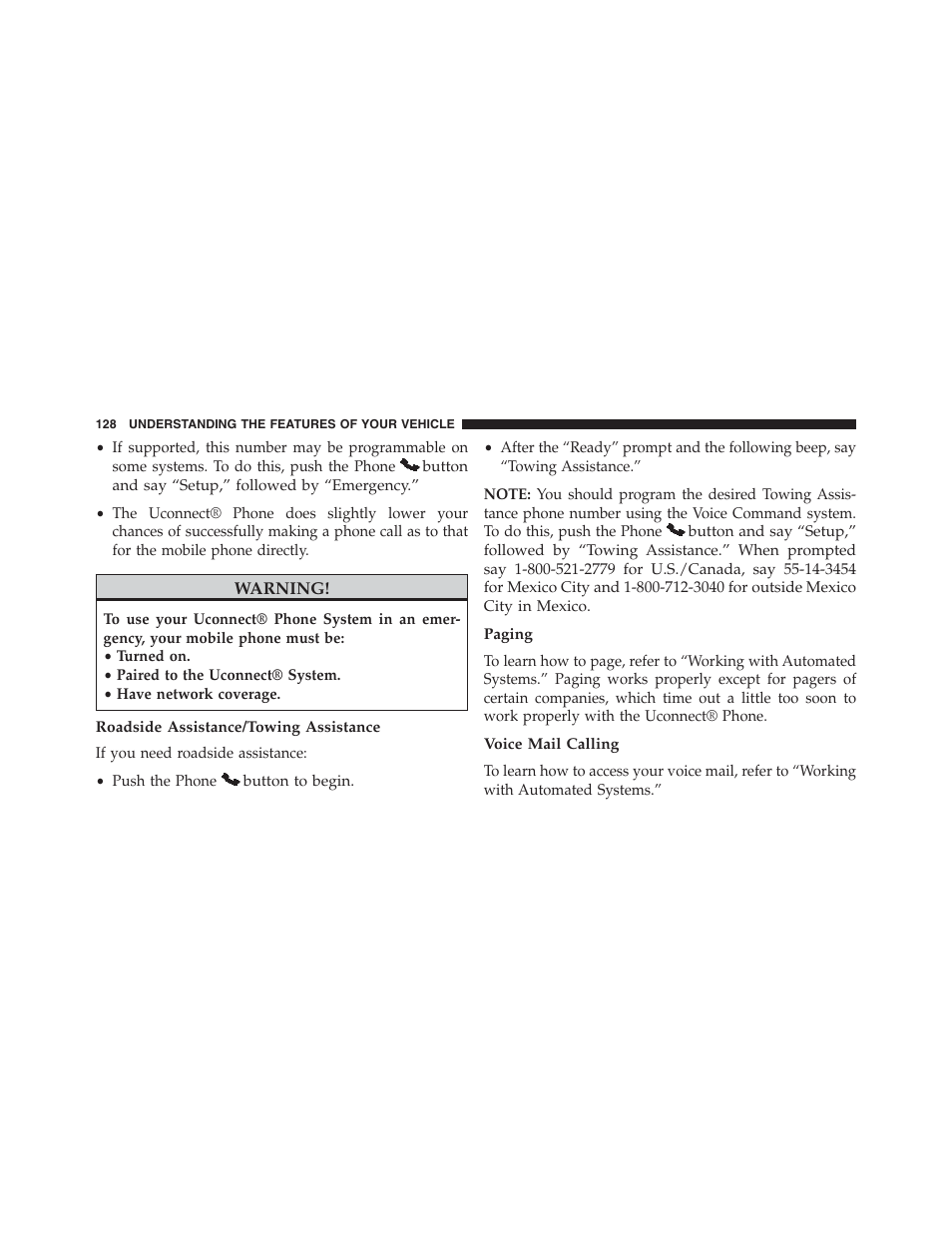 Roadside assistance/towing assistance, Paging, Voice mail calling | Jeep 2015 Compass - Owner Manual User Manual | Page 130 / 572