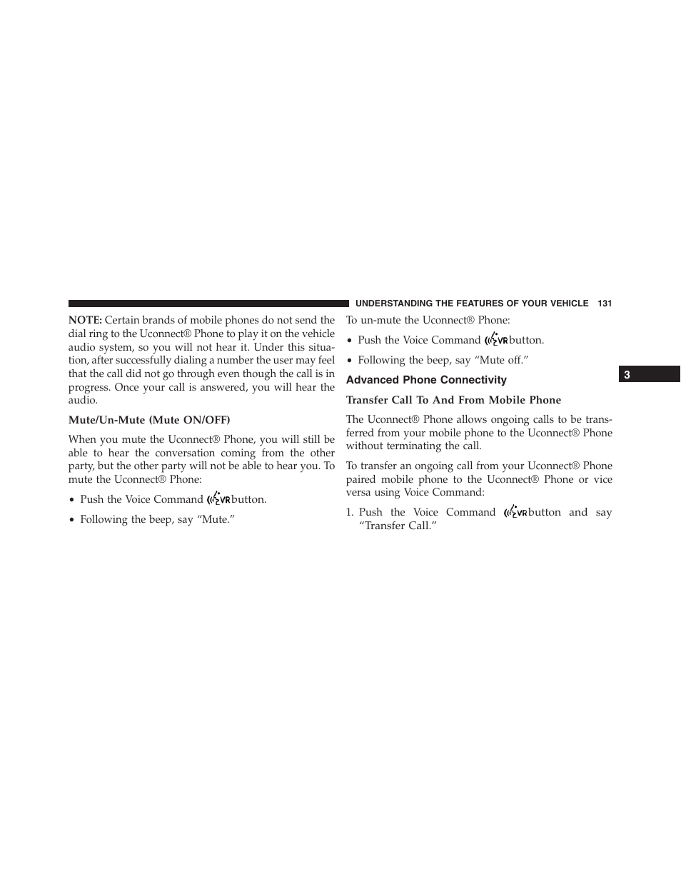 Mute/un-mute (mute on/off), Advanced phone connectivity, Transfer call to and from mobile phone | Jeep 2015 Compass - Owner Manual User Manual | Page 133 / 572