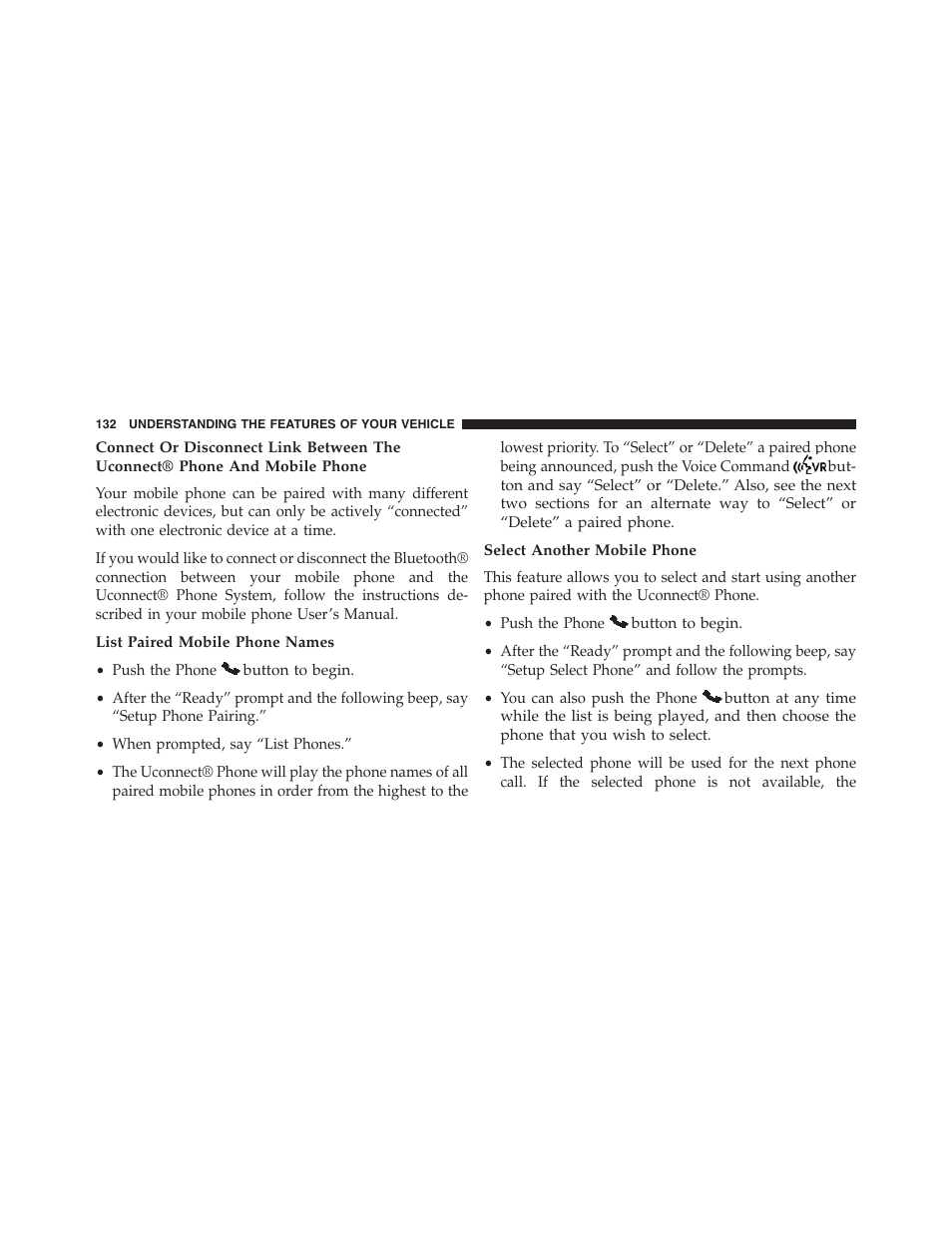 List paired mobile phone names, Select another mobile phone | Jeep 2015 Compass - Owner Manual User Manual | Page 134 / 572