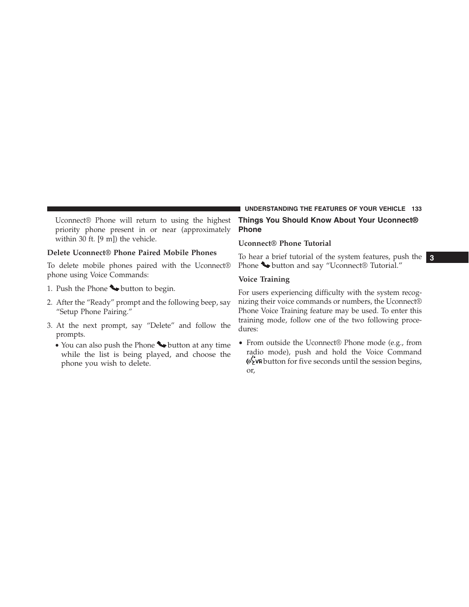 Delete uconnect® phone paired mobile phones, Things you should know about your uconnect® phone, Uconnect® phone tutorial | Voice training, Things you should know about your uconnect, Phone | Jeep 2015 Compass - Owner Manual User Manual | Page 135 / 572