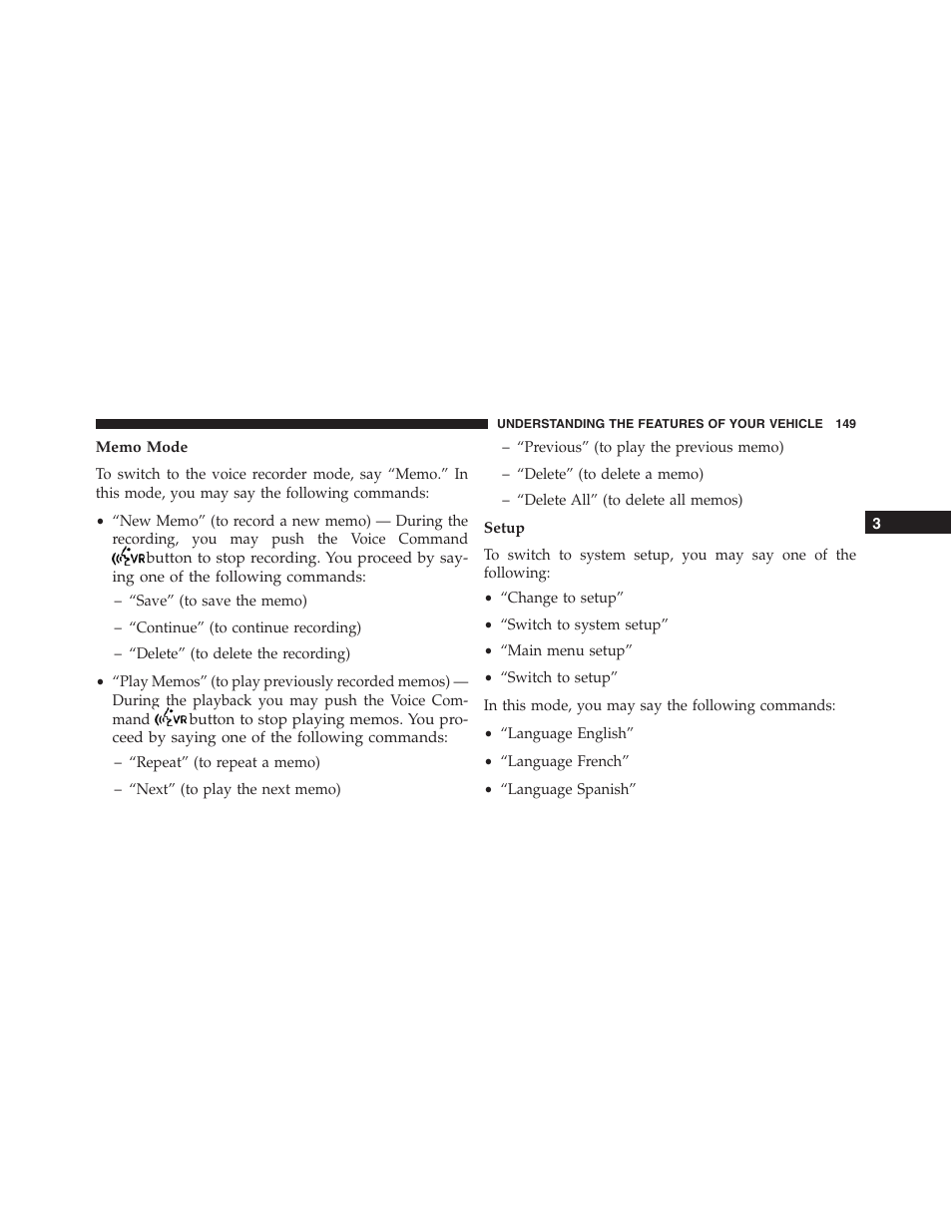 Memo mode, Setup | Jeep 2015 Compass - Owner Manual User Manual | Page 151 / 572