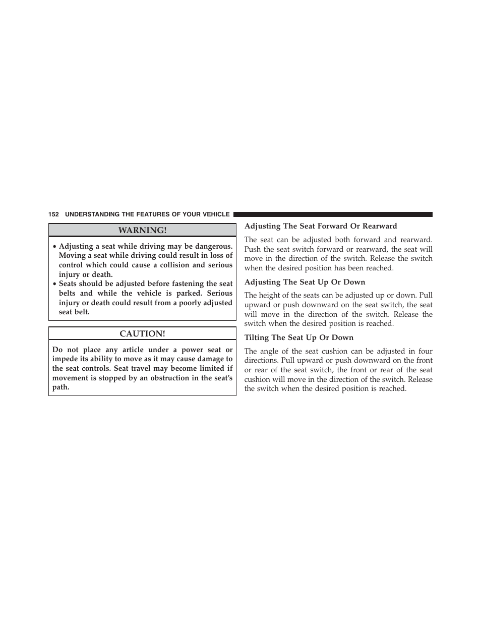 Adjusting the seat forward or rearward, Adjusting the seat up or down, Tilting the seat up or down | Jeep 2015 Compass - Owner Manual User Manual | Page 154 / 572