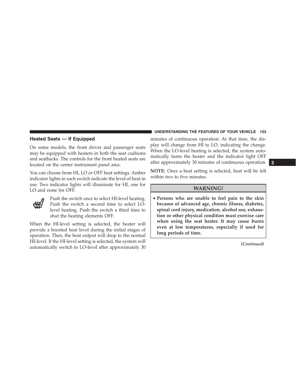 Heated seats — if equipped | Jeep 2015 Compass - Owner Manual User Manual | Page 155 / 572