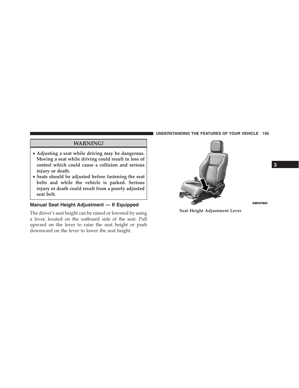 Manual seat height adjustment — if equipped, Manual seat height adjustment — if, Equipped | Jeep 2015 Compass - Owner Manual User Manual | Page 157 / 572