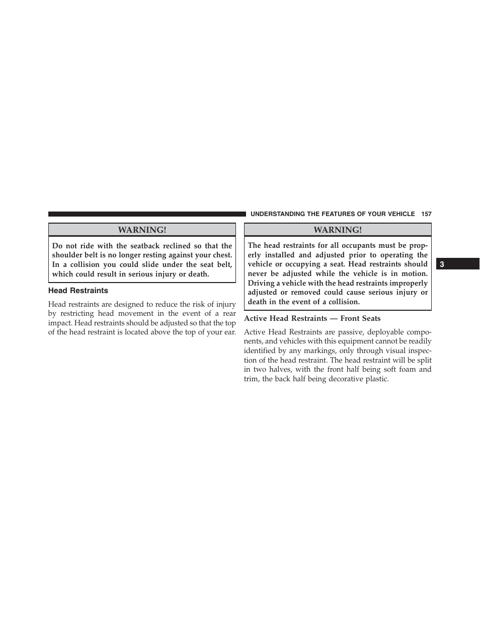 Head restraints, Active head restraints — front seats | Jeep 2015 Compass - Owner Manual User Manual | Page 159 / 572