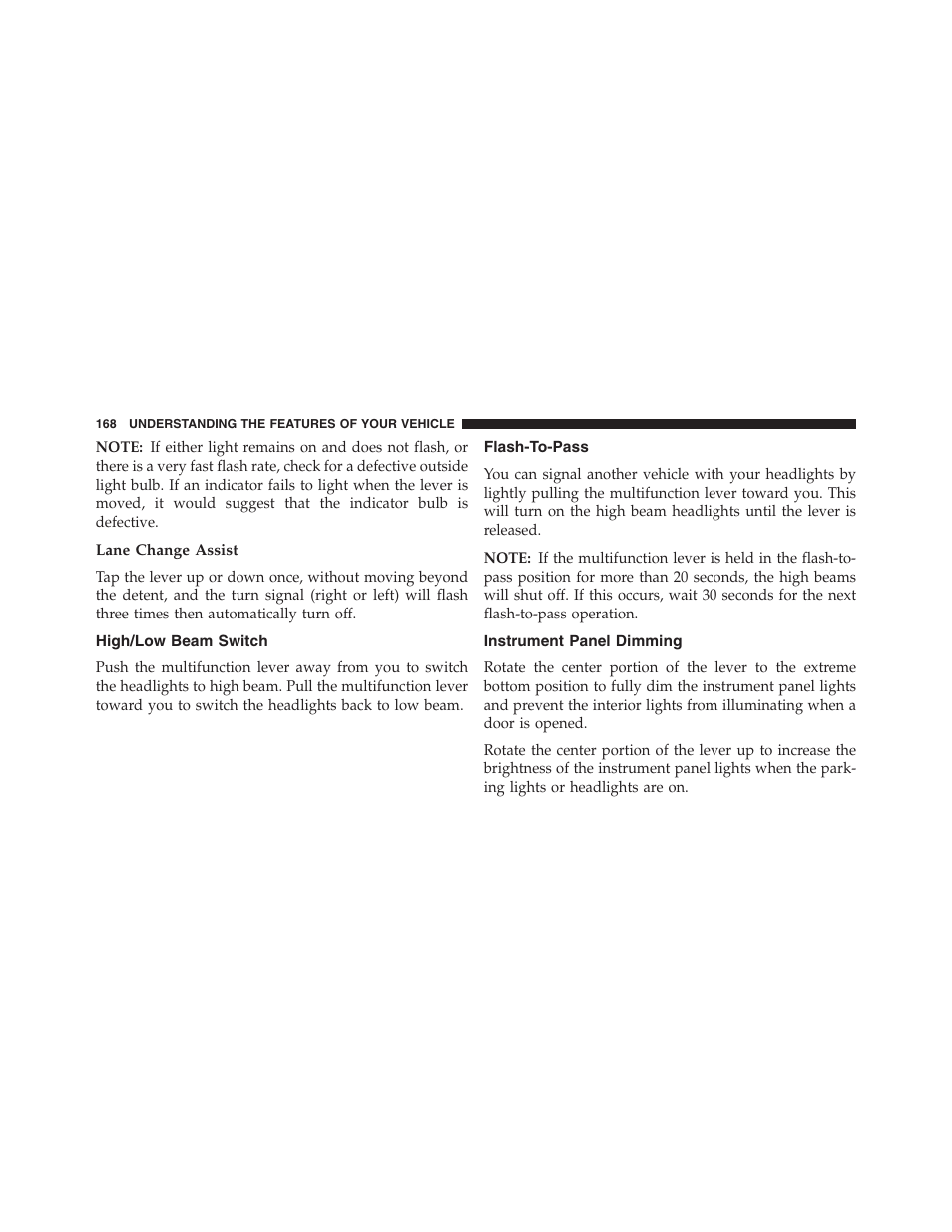 Lane change assist, High/low beam switch, Flash-to-pass | Instrument panel dimming | Jeep 2015 Compass - Owner Manual User Manual | Page 170 / 572