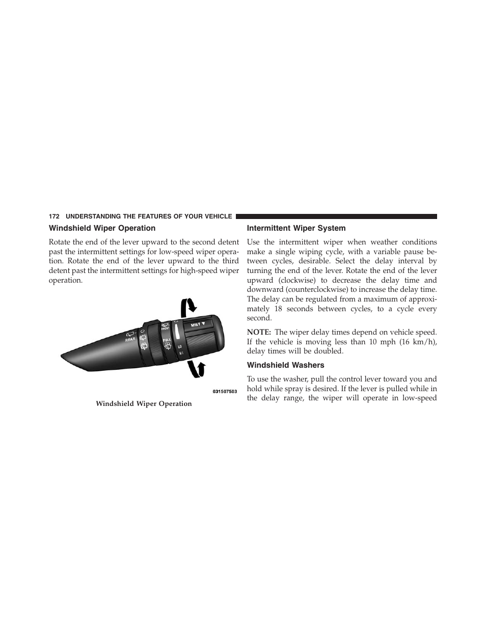 Windshield wiper operation, Intermittent wiper system, Windshield washers | Jeep 2015 Compass - Owner Manual User Manual | Page 174 / 572