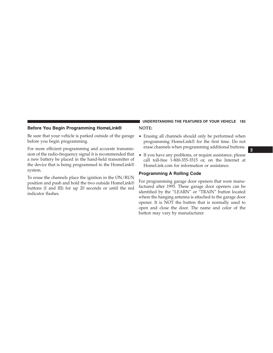 Before you begin programming homelink, Programming a rolling code | Jeep 2015 Compass - Owner Manual User Manual | Page 185 / 572