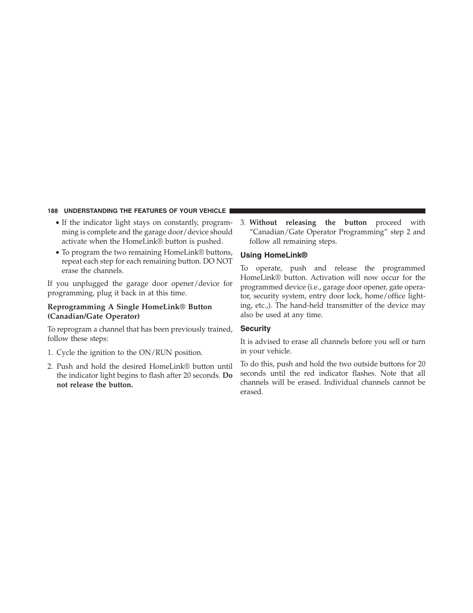 Using homelink, Security | Jeep 2015 Compass - Owner Manual User Manual | Page 190 / 572