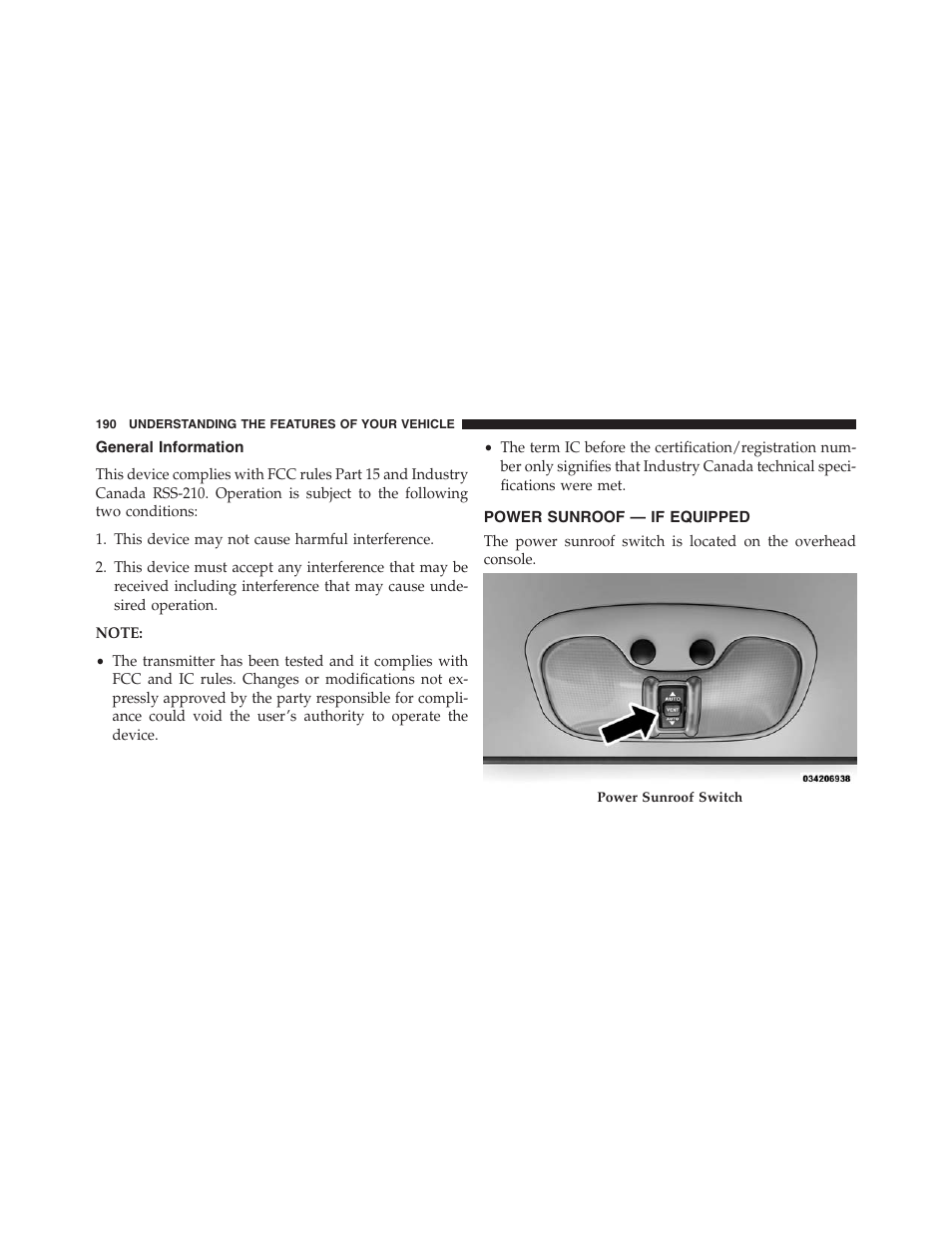 General information, Power sunroof — if equipped | Jeep 2015 Compass - Owner Manual User Manual | Page 192 / 572