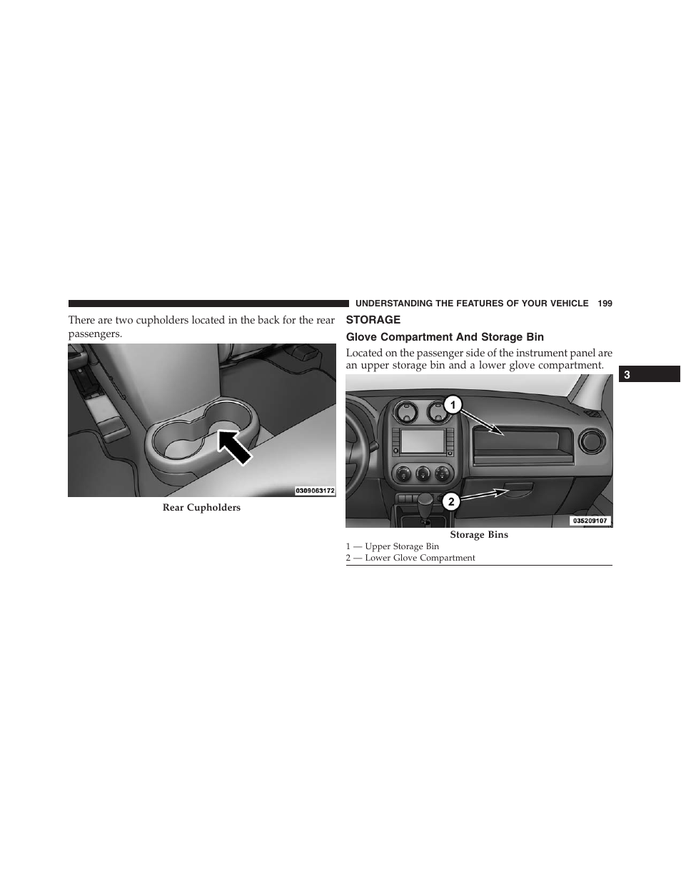 Storage, Glove compartment and storage bin | Jeep 2015 Compass - Owner Manual User Manual | Page 201 / 572