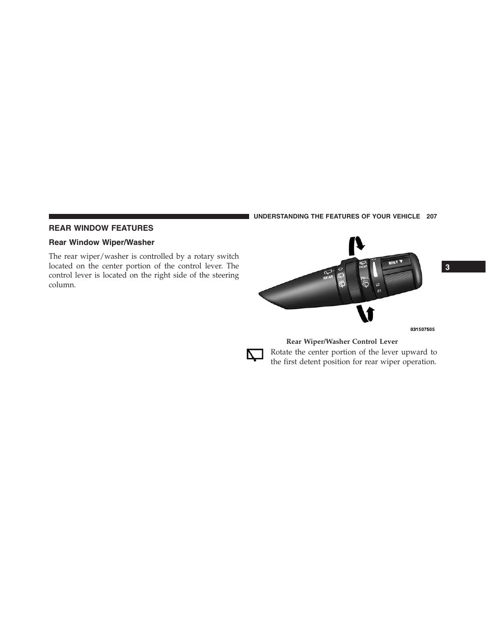 Rear window features, Rear window wiper/washer | Jeep 2015 Compass - Owner Manual User Manual | Page 209 / 572