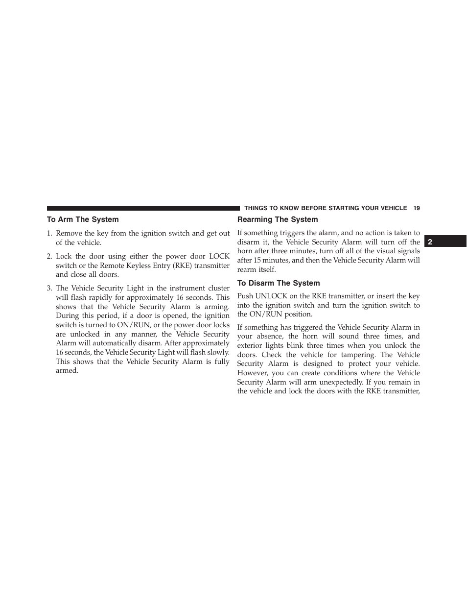 To arm the system, Rearming the system, To disarm the system | Jeep 2015 Compass - Owner Manual User Manual | Page 21 / 572