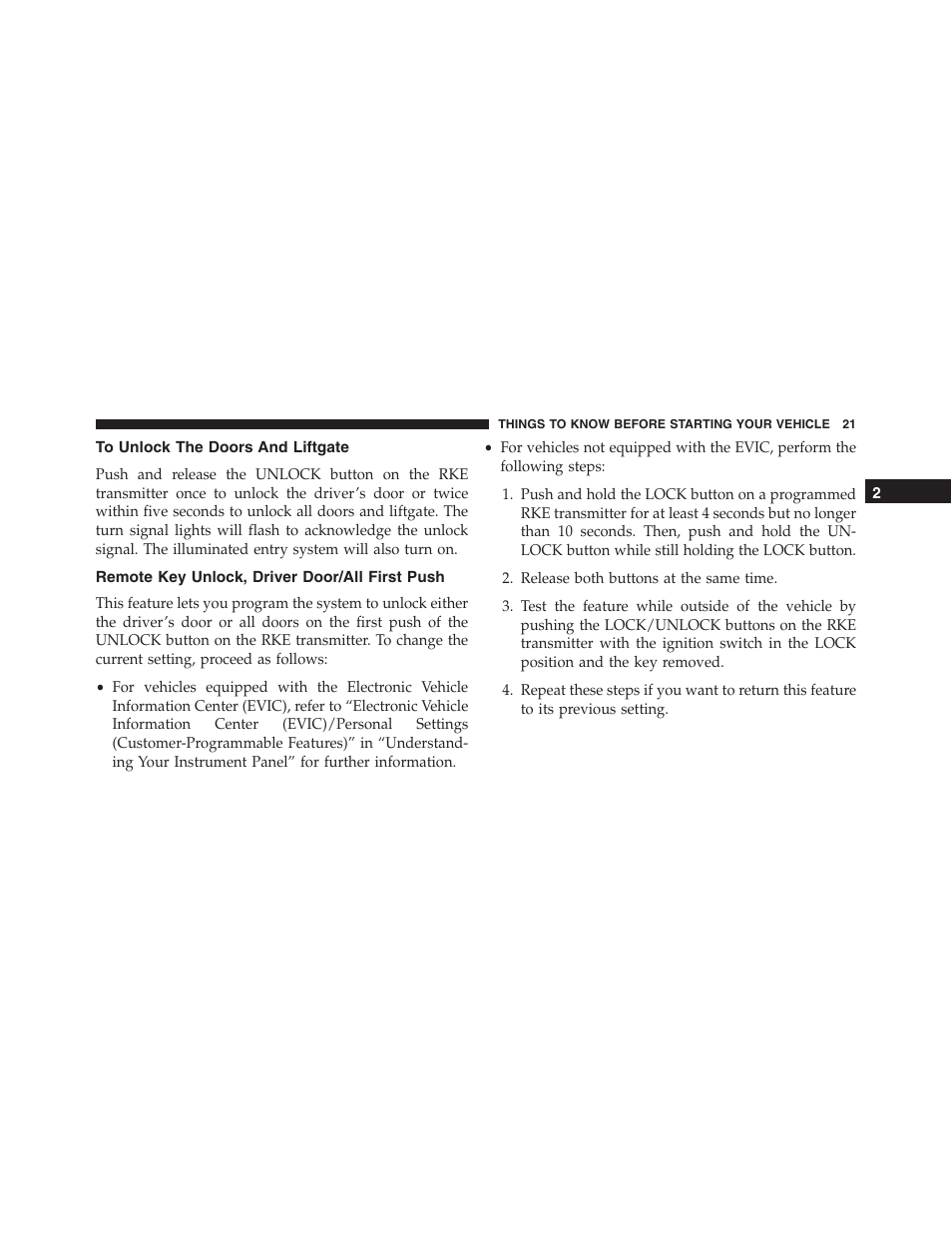 To unlock the doors and liftgate, Remote key unlock, driver door/all first push, Remote key unlock, driver door/all first | Push | Jeep 2015 Compass - Owner Manual User Manual | Page 23 / 572