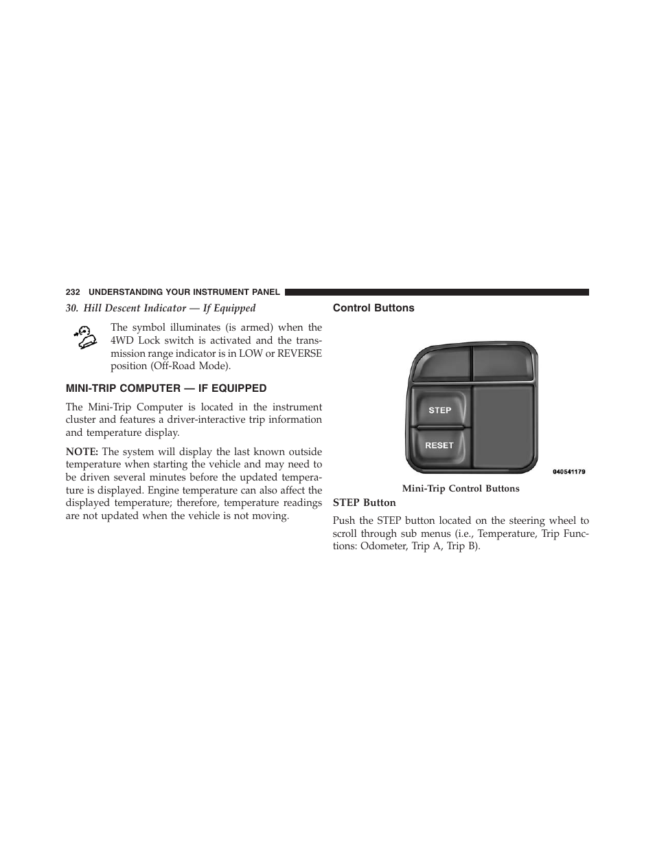 Mini-trip computer — if equipped, Control buttons, Step button | Jeep 2015 Compass - Owner Manual User Manual | Page 234 / 572