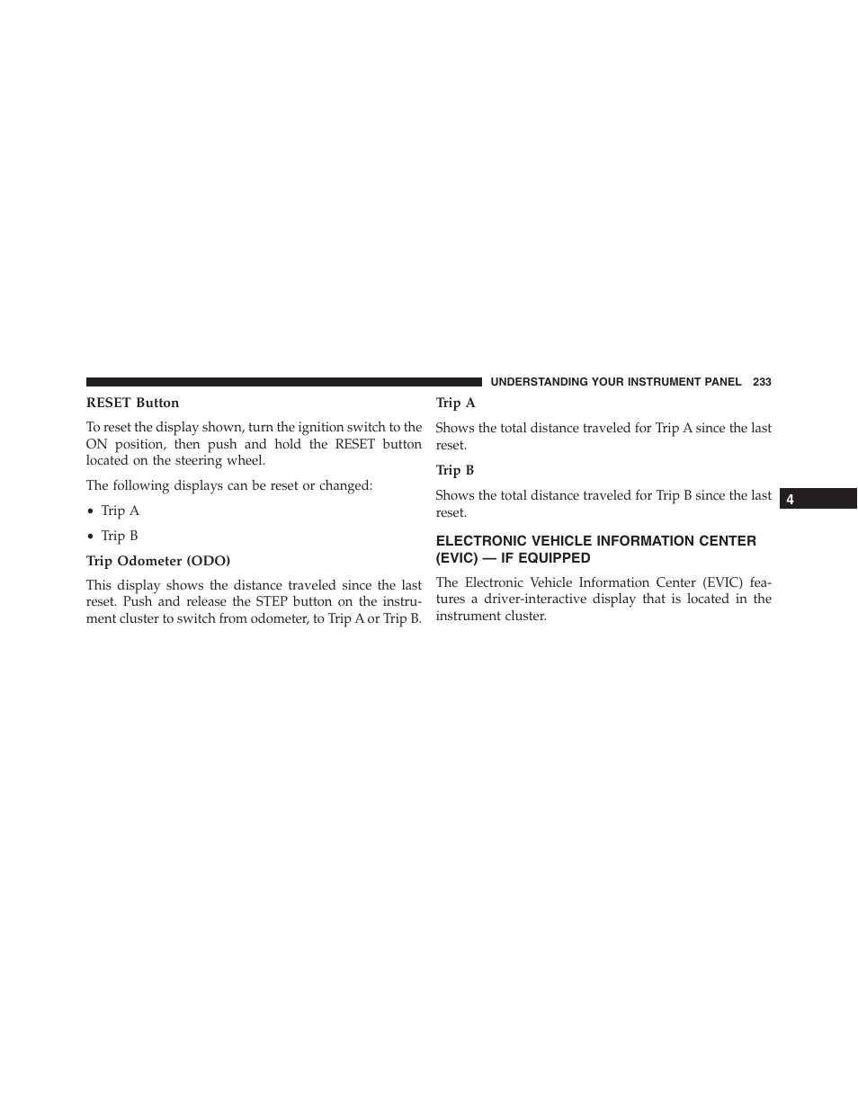 Reset button, Trip odometer (odo), Electronic vehicle information center | Evic) — if equipped | Jeep 2015 Compass - Owner Manual User Manual | Page 235 / 572