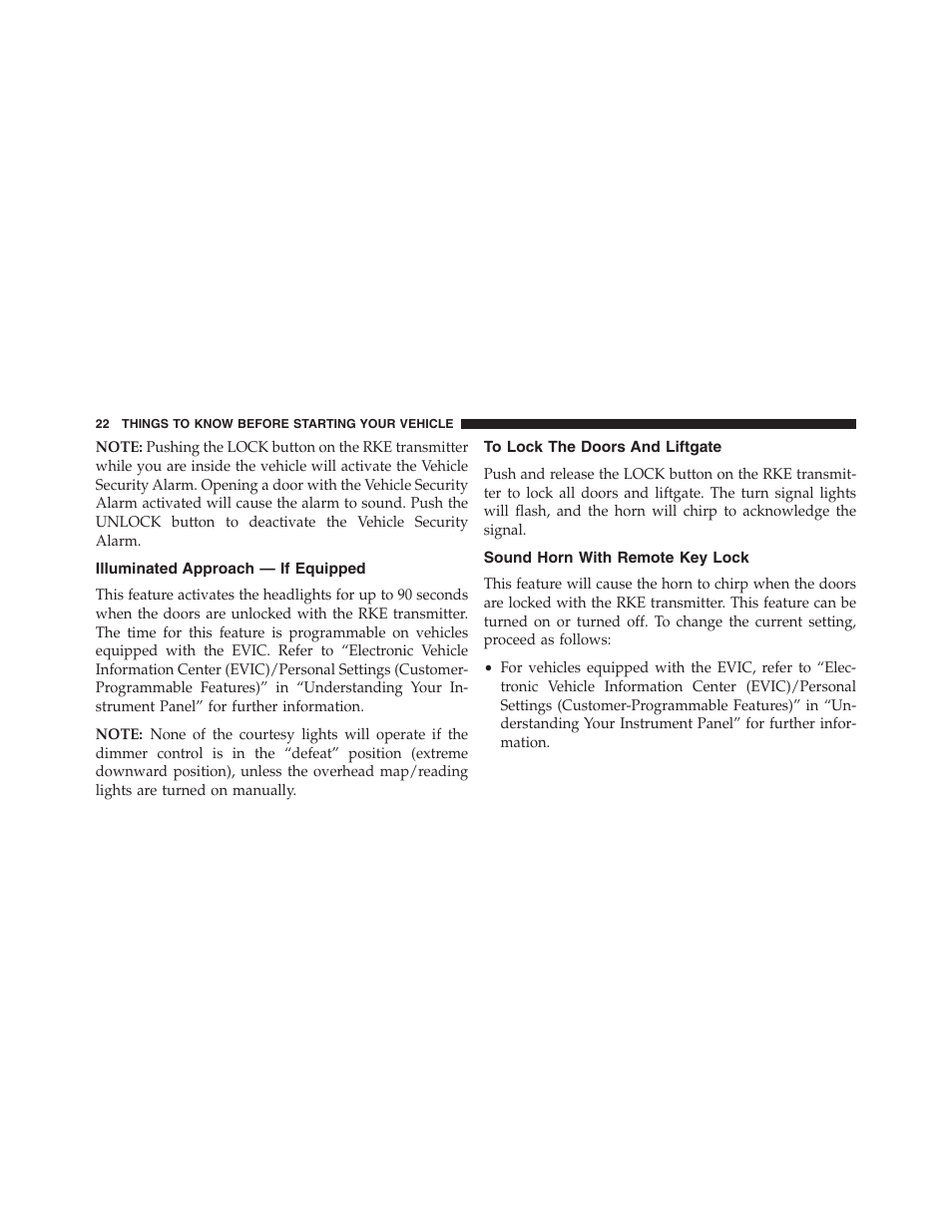 Illuminated approach — if equipped, To lock the doors and liftgate, Sound horn with remote key lock | Jeep 2015 Compass - Owner Manual User Manual | Page 24 / 572