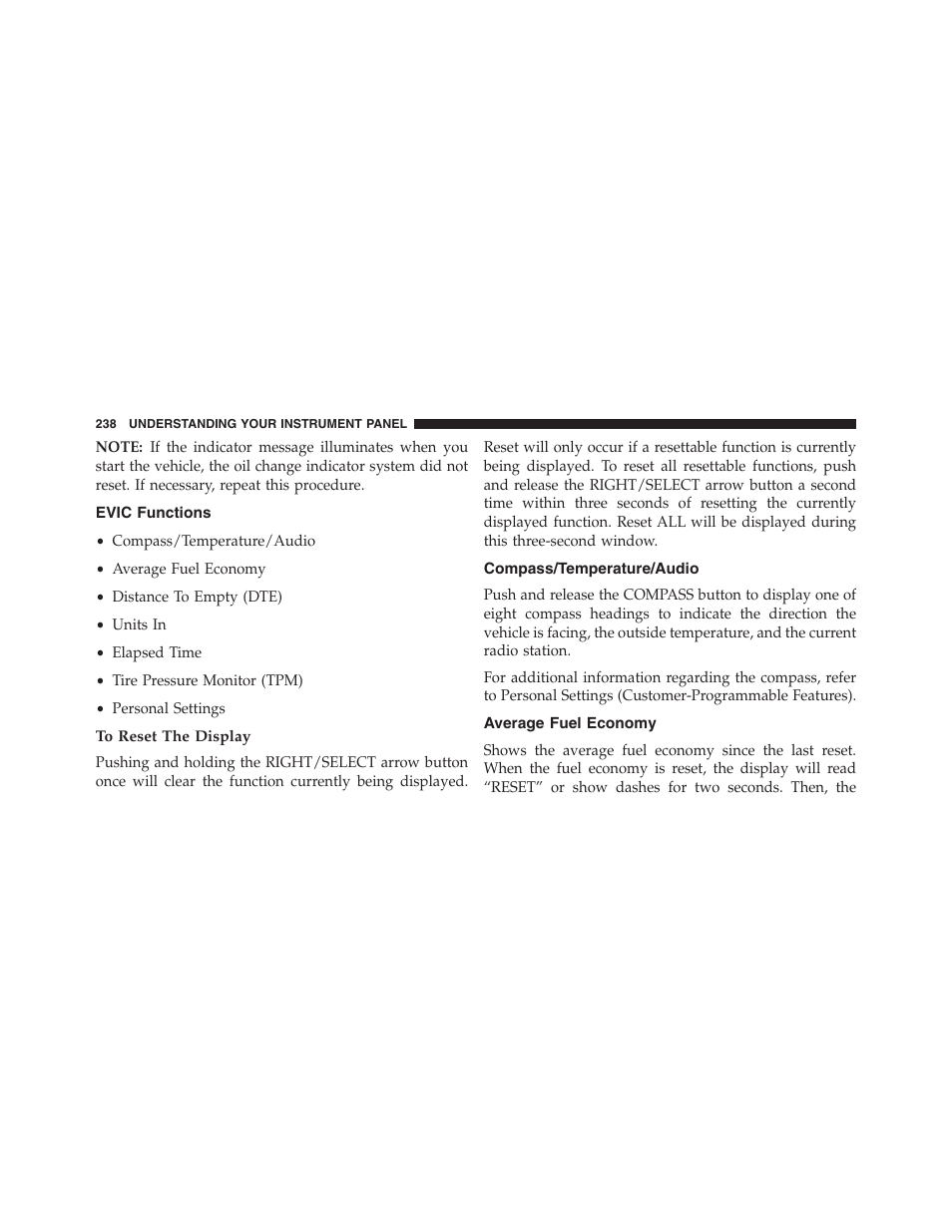 Evic functions, To reset the display, Compass/temperature/audio | Average fuel economy | Jeep 2015 Compass - Owner Manual User Manual | Page 240 / 572