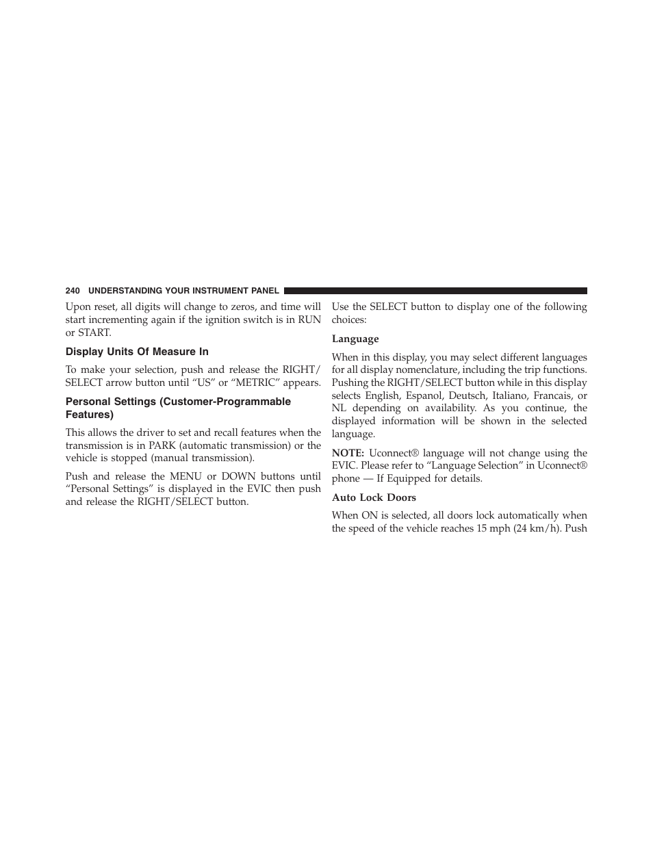 Display units of measure in, Personal settings (customer-programmable features), Language | Auto lock doors, Personal settings (customer-programmable, Features) | Jeep 2015 Compass - Owner Manual User Manual | Page 242 / 572