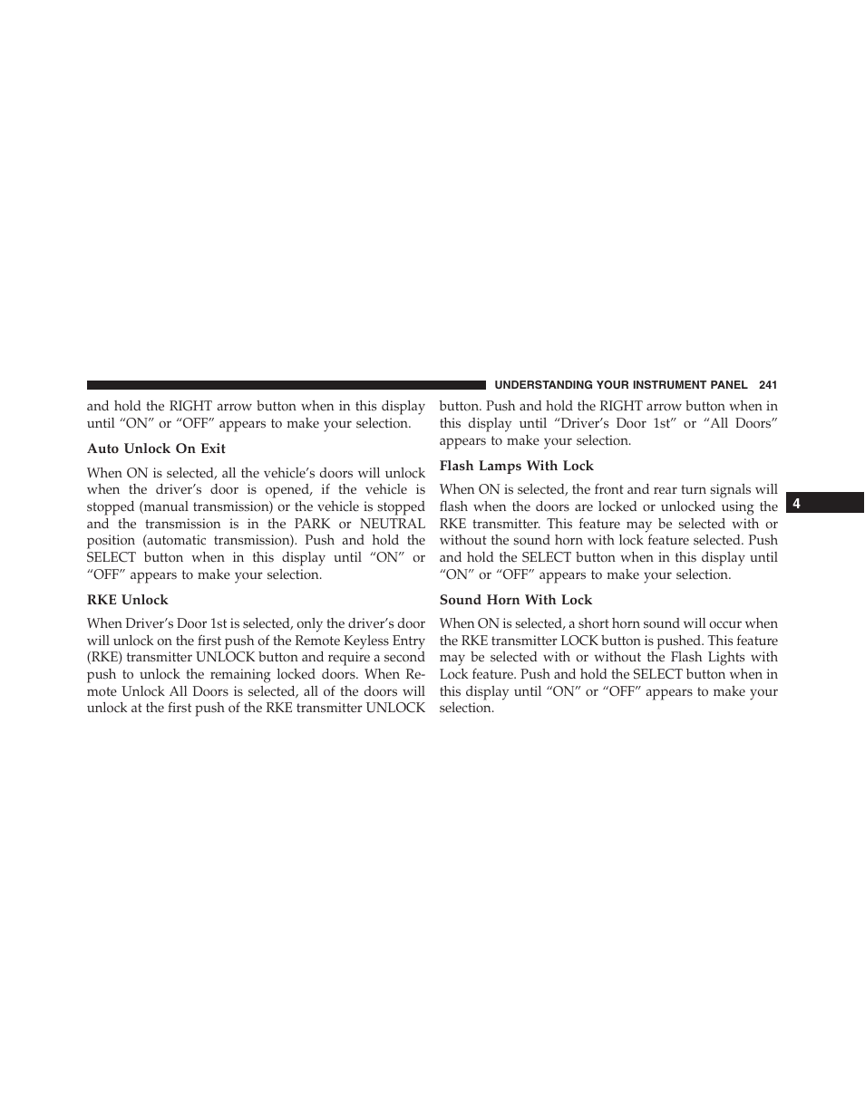 Auto unlock on exit, Rke unlock, Flash lamps with lock | Sound horn with lock | Jeep 2015 Compass - Owner Manual User Manual | Page 243 / 572