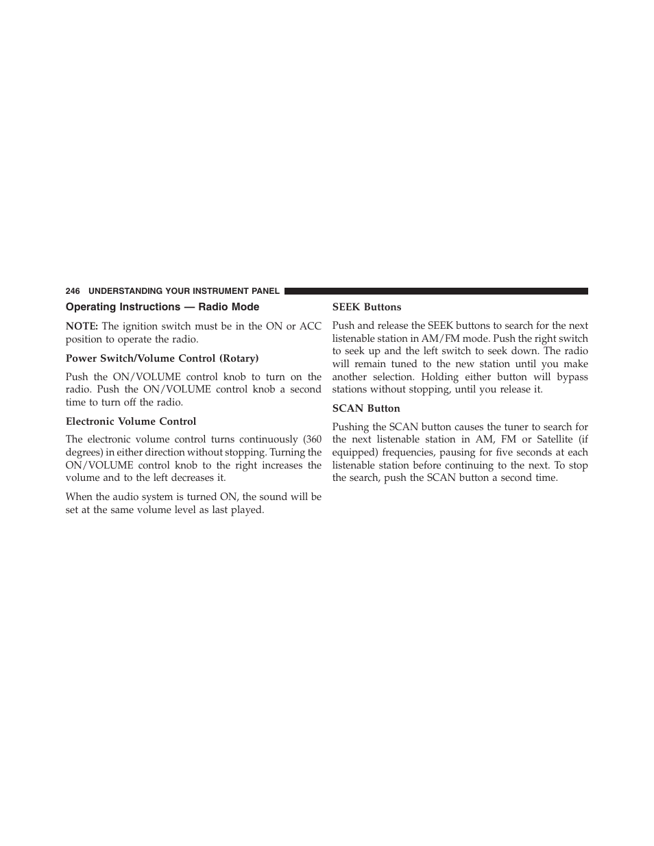 Operating instructions — radio mode, Power switch/volume control (rotary), Electronic volume control | Seek buttons, Scan button | Jeep 2015 Compass - Owner Manual User Manual | Page 248 / 572