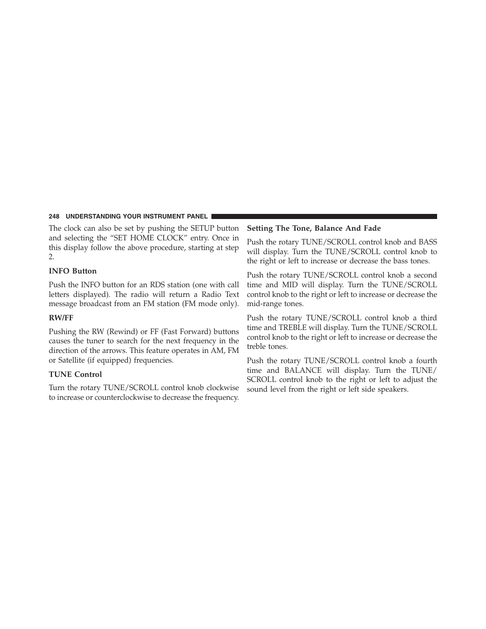 Info button, Rw/ff, Tune control | Setting the tone, balance and fade | Jeep 2015 Compass - Owner Manual User Manual | Page 250 / 572