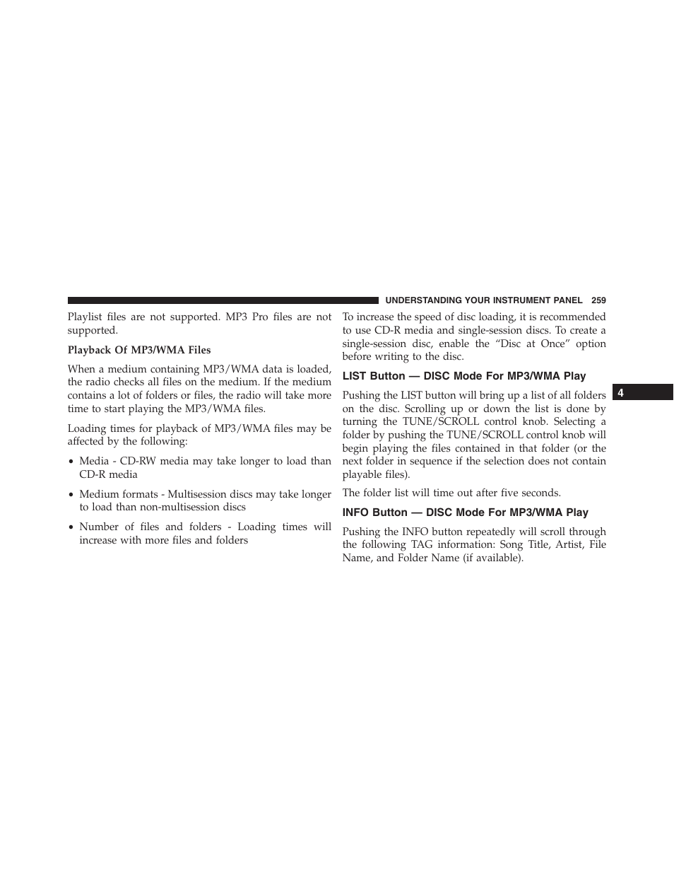 List button — disc mode for mp3/wma play, Info button — disc mode for mp3/wma play, List button — disc mode for mp3/wma | Play, Info button — disc mode for mp3/wma | Jeep 2015 Compass - Owner Manual User Manual | Page 261 / 572