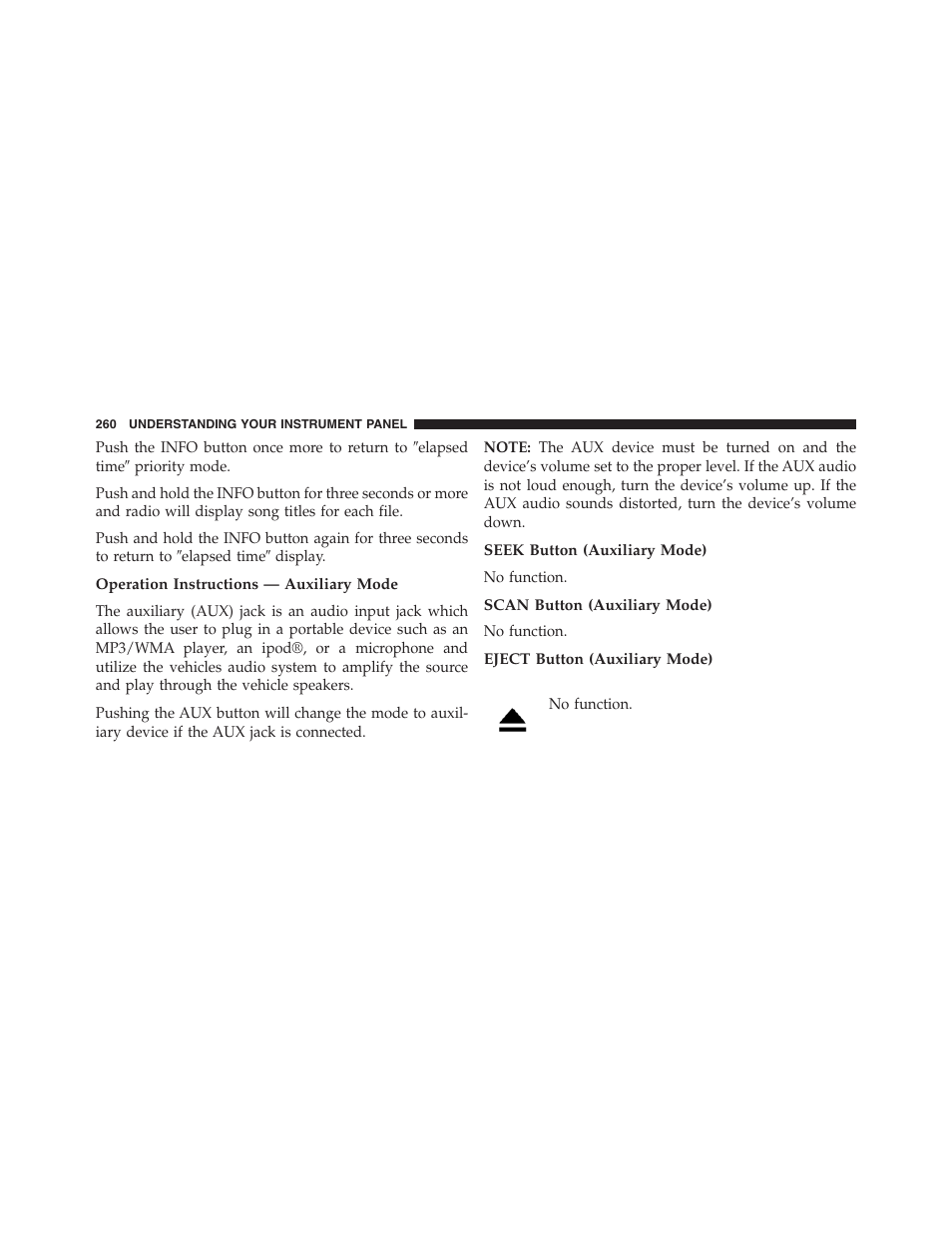 Operation instructions — auxiliary mode, Seek button (auxiliary mode), Scan button (auxiliary mode) | Eject button (auxiliary mode) | Jeep 2015 Compass - Owner Manual User Manual | Page 262 / 572