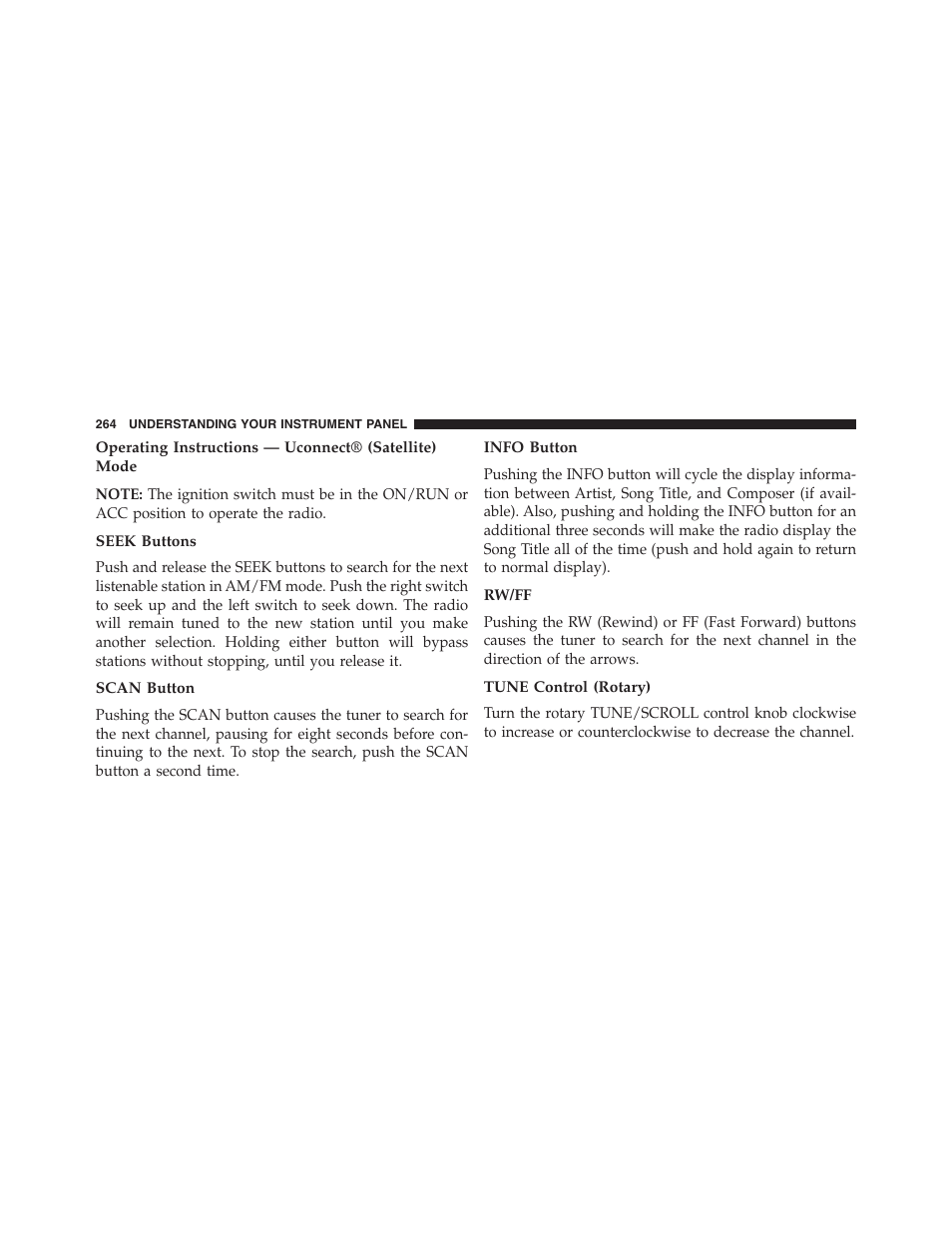 Seek buttons, Scan button, Info button | Rw/ff, Tune control (rotary) | Jeep 2015 Compass - Owner Manual User Manual | Page 266 / 572