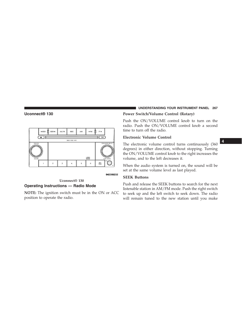 Uconnect® 130, Operating instructions — radio mode, Power switch/volume control (rotary) | Electronic volume control, Seek buttons | Jeep 2015 Compass - Owner Manual User Manual | Page 269 / 572