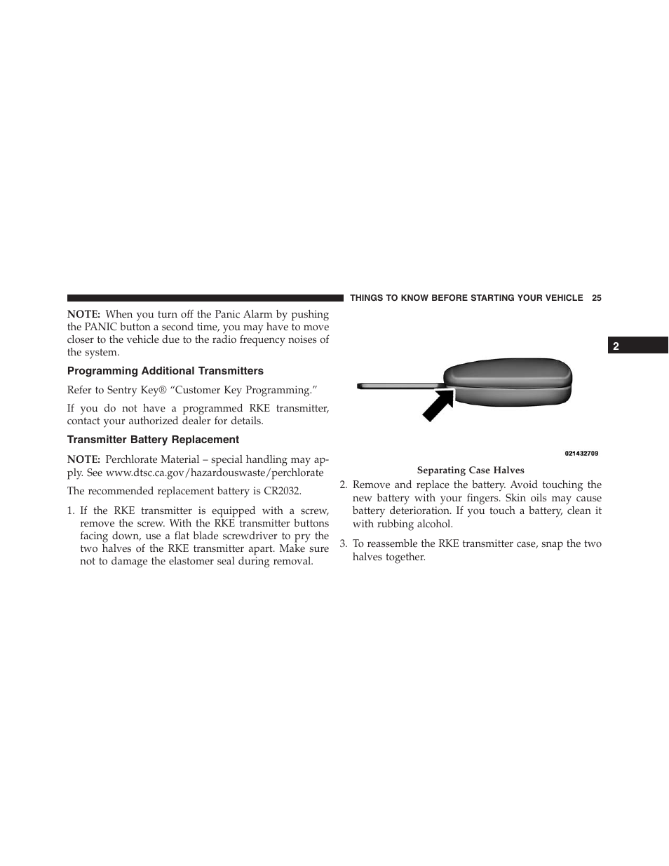 Programming additional transmitters, Transmitter battery replacement | Jeep 2015 Compass - Owner Manual User Manual | Page 27 / 572