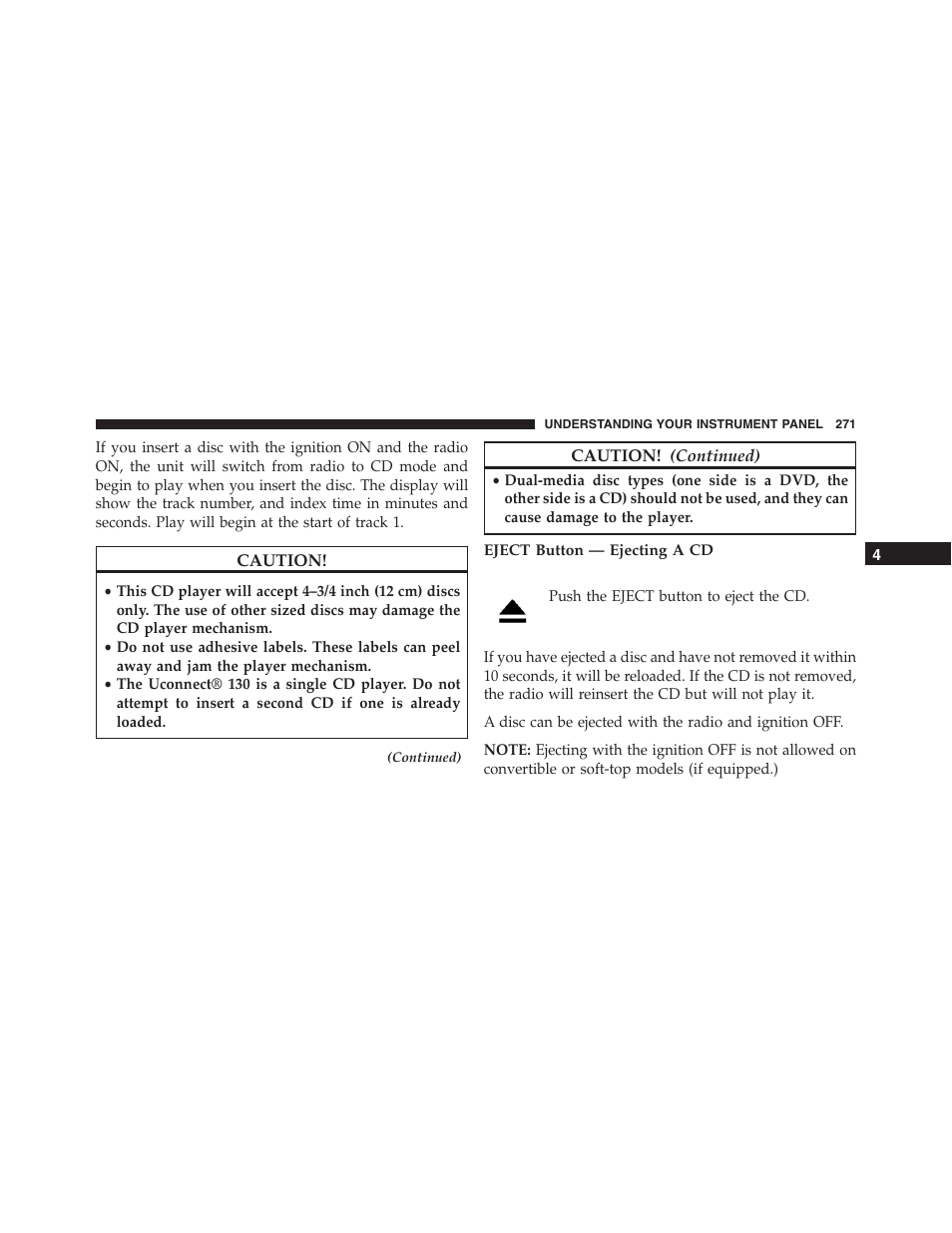Eject button — ejecting a cd | Jeep 2015 Compass - Owner Manual User Manual | Page 273 / 572