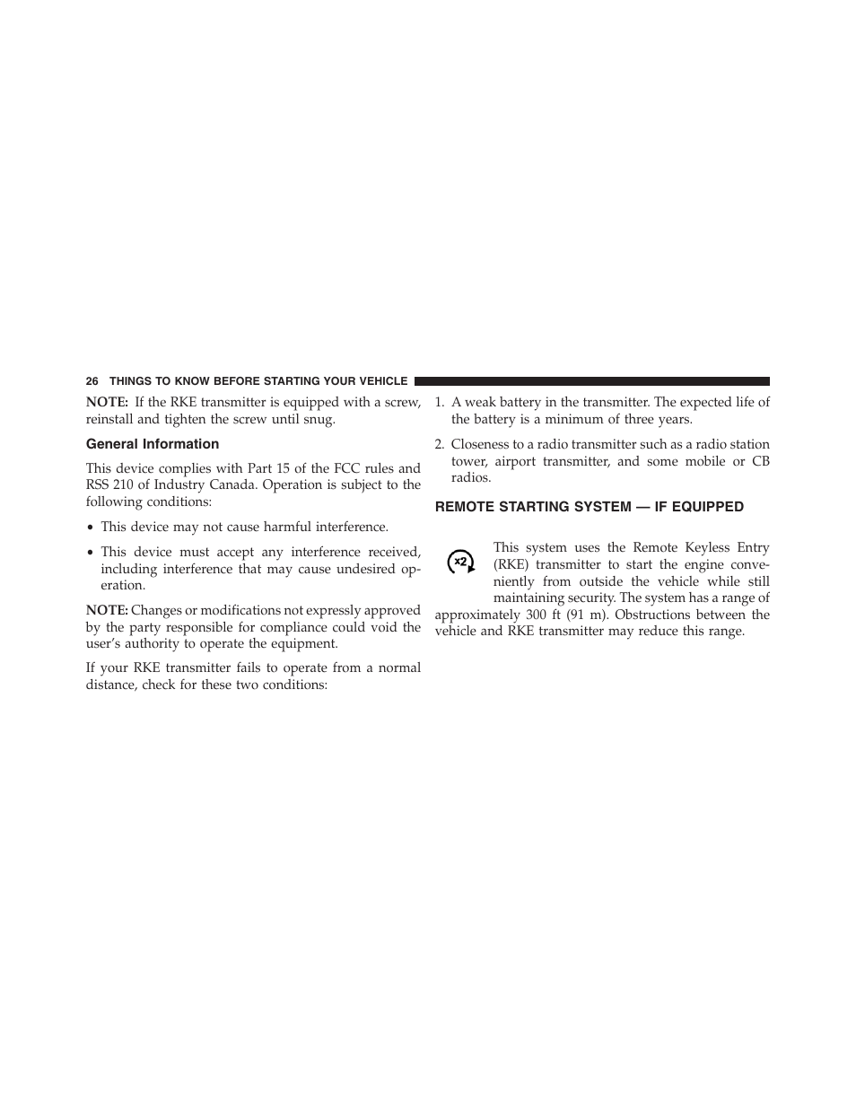 General information, Remote starting system — if equipped | Jeep 2015 Compass - Owner Manual User Manual | Page 28 / 572