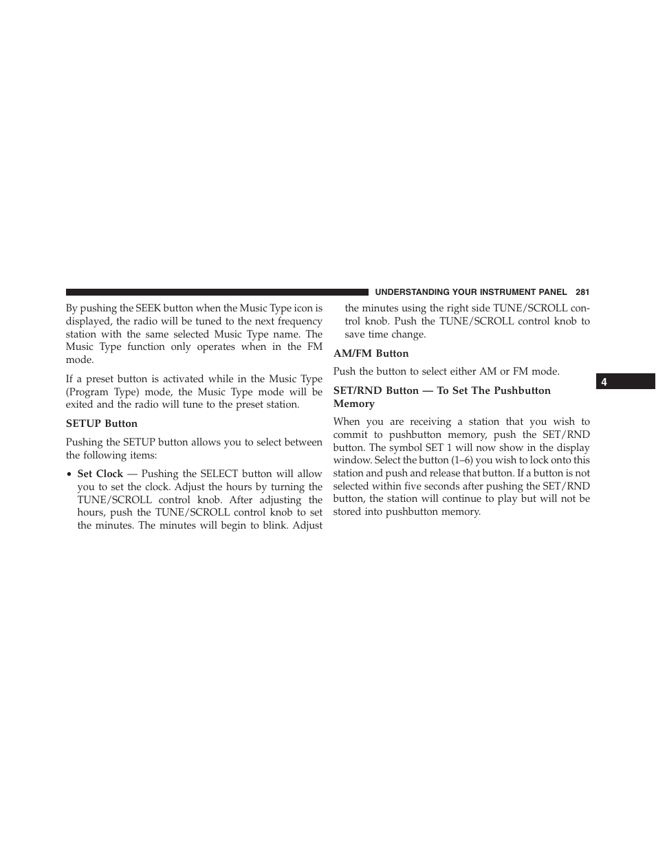 Setup button, Am/fm button, Set/rnd button — to set the pushbutton memory | Jeep 2015 Compass - Owner Manual User Manual | Page 283 / 572