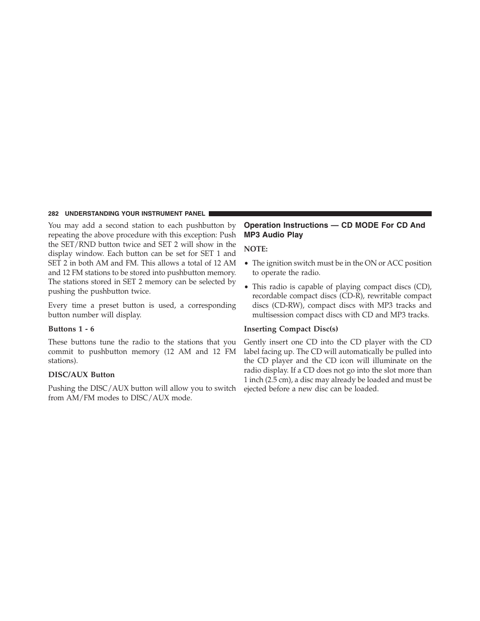 Buttons 1 - 6, Disc/aux button, Inserting compact disc(s) | Operation instructions — cd mode for cd and, Mp3 audio play | Jeep 2015 Compass - Owner Manual User Manual | Page 284 / 572