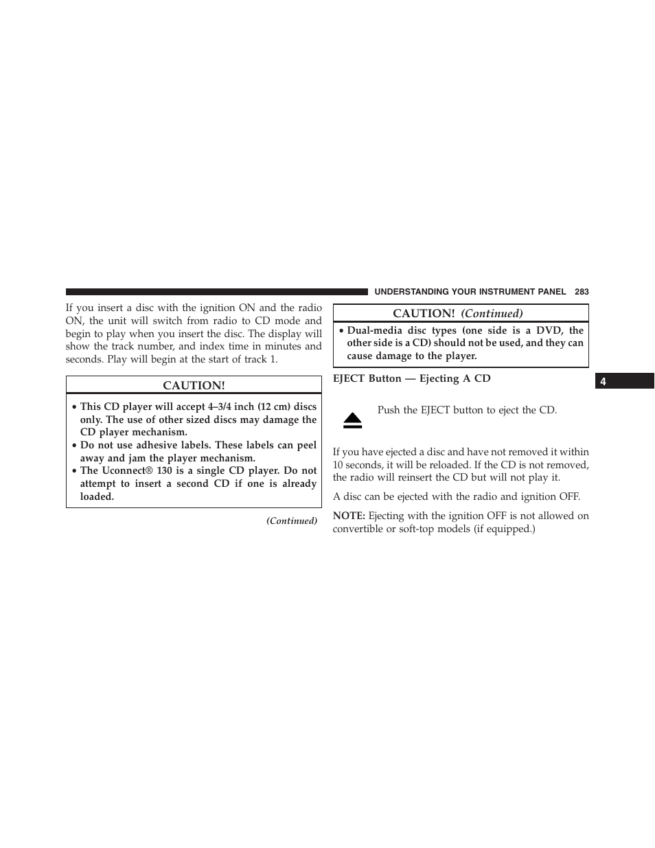 Eject button — ejecting a cd | Jeep 2015 Compass - Owner Manual User Manual | Page 285 / 572