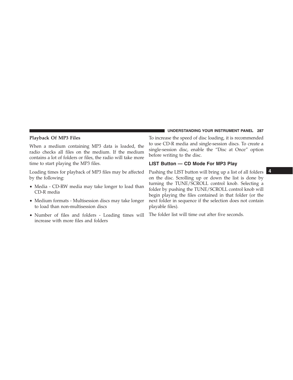 Playback of mp3 files, List button — cd mode for mp3 play | Jeep 2015 Compass - Owner Manual User Manual | Page 289 / 572