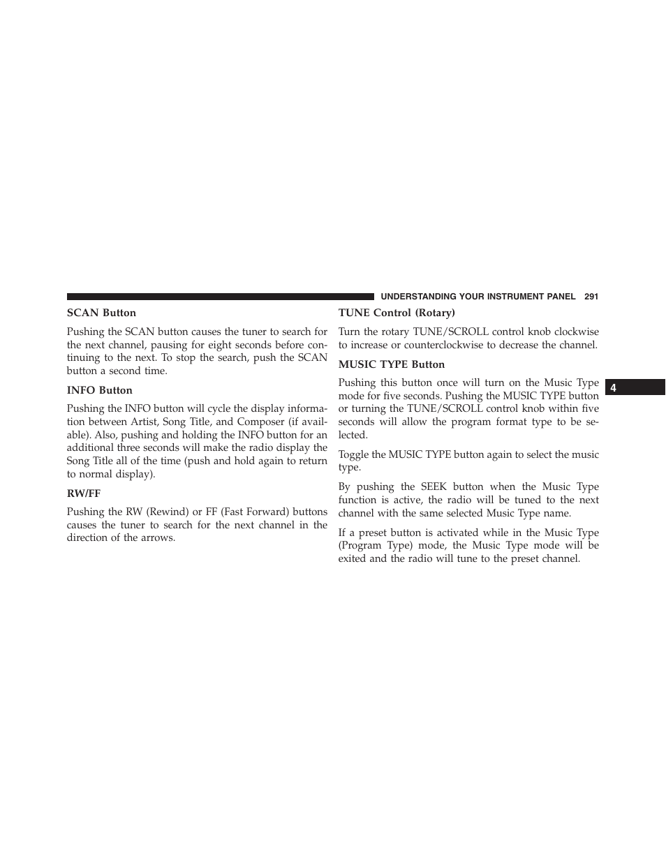 Scan button, Info button, Rw/ff | Tune control (rotary), Music type button | Jeep 2015 Compass - Owner Manual User Manual | Page 293 / 572