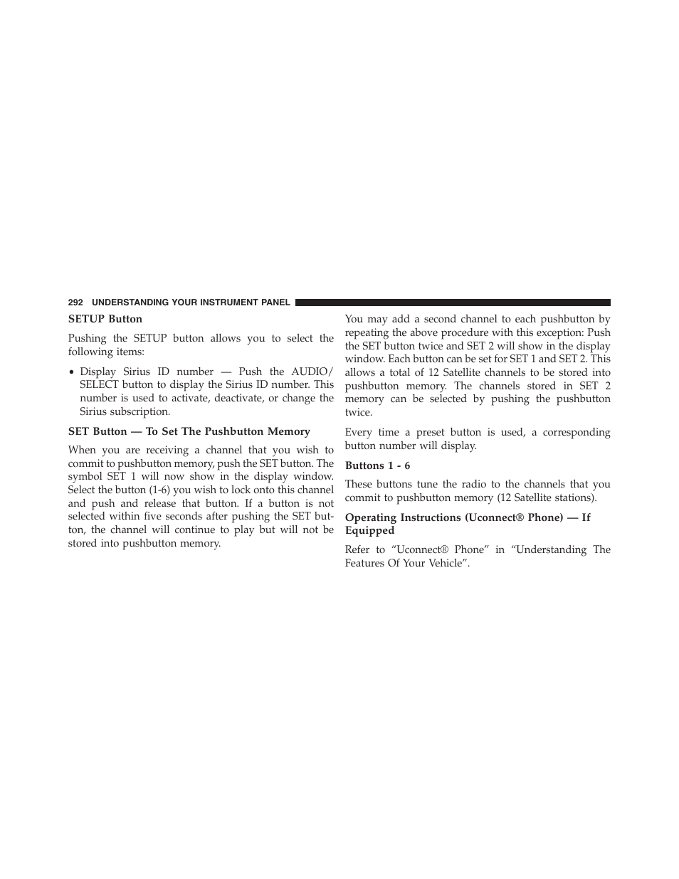 Setup button, Set button — to set the pushbutton memory, Buttons 1 - 6 | Jeep 2015 Compass - Owner Manual User Manual | Page 294 / 572