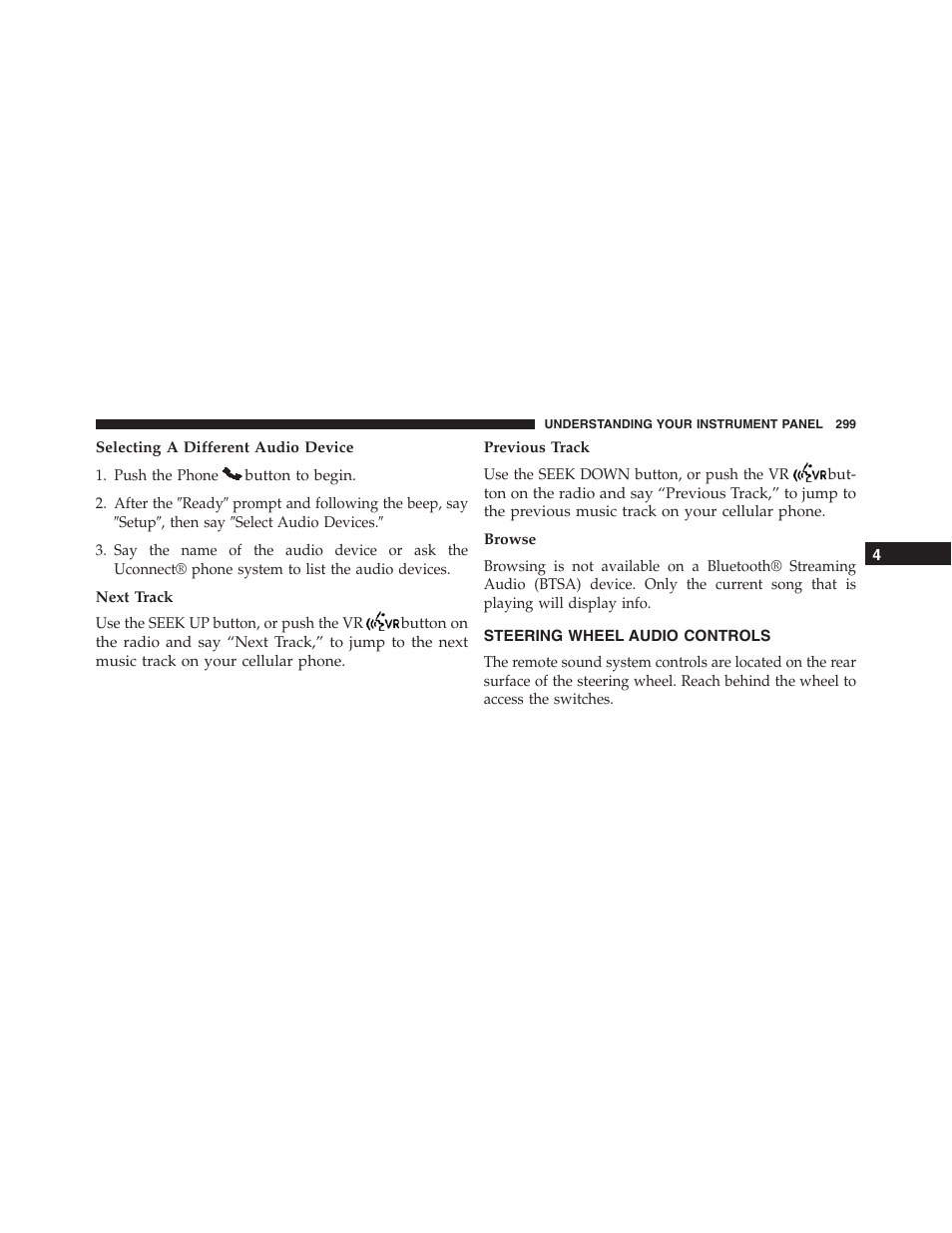 Selecting a different audio device, Next track, Previous track | Browse, Steering wheel audio controls | Jeep 2015 Compass - Owner Manual User Manual | Page 301 / 572