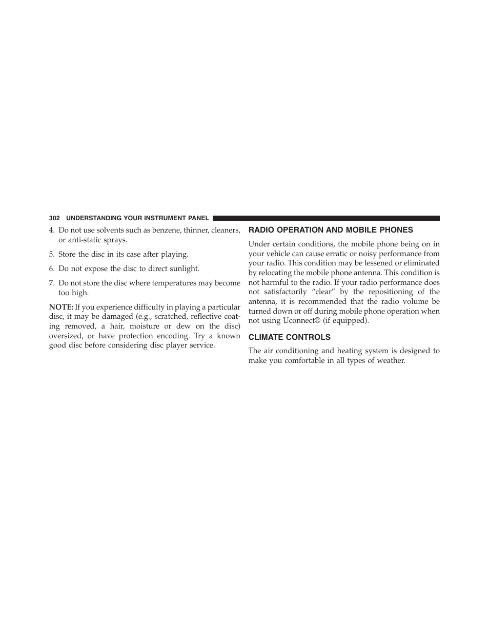 Radio operation and mobile phones, Climate controls | Jeep 2015 Compass - Owner Manual User Manual | Page 304 / 572