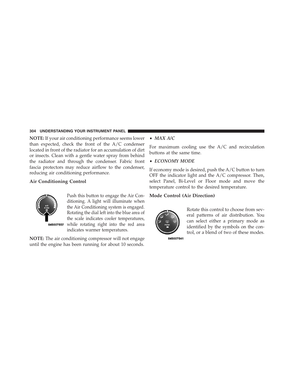 Air conditioning control, Mode control (air direction) | Jeep 2015 Compass - Owner Manual User Manual | Page 306 / 572