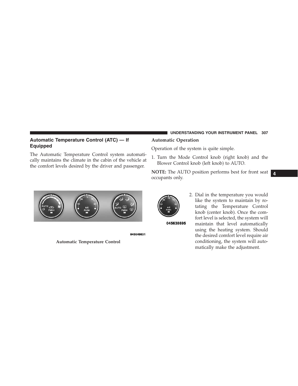 Automatic temperature control (atc) — if equipped, Automatic operation, Automatic temperature control (atc) — if | Equipped | Jeep 2015 Compass - Owner Manual User Manual | Page 309 / 572