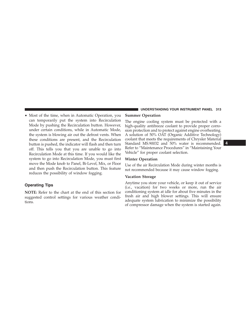 Operating tips, Summer operation, Winter operation | Vacation storage | Jeep 2015 Compass - Owner Manual User Manual | Page 315 / 572