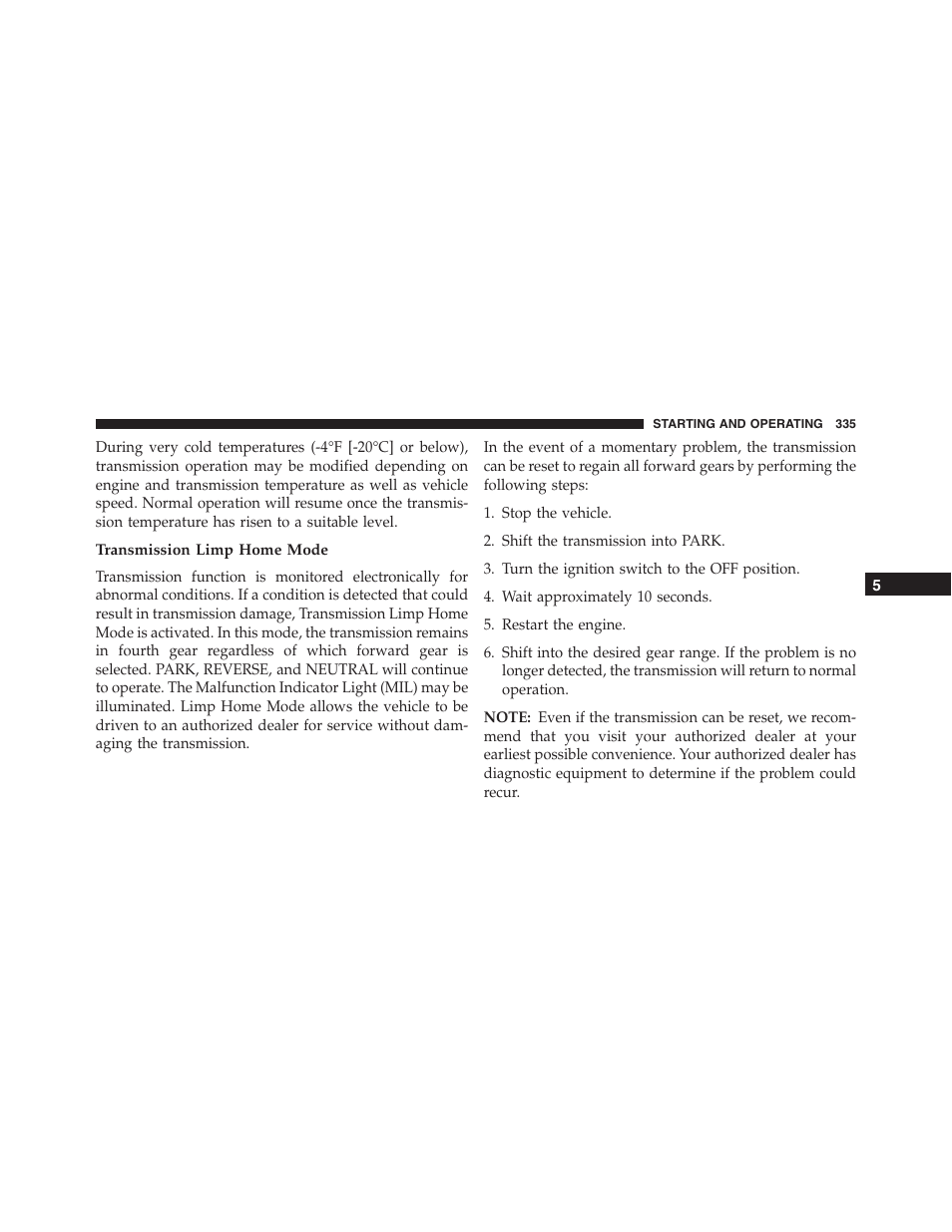 Transmission limp home mode | Jeep 2015 Compass - Owner Manual User Manual | Page 337 / 572