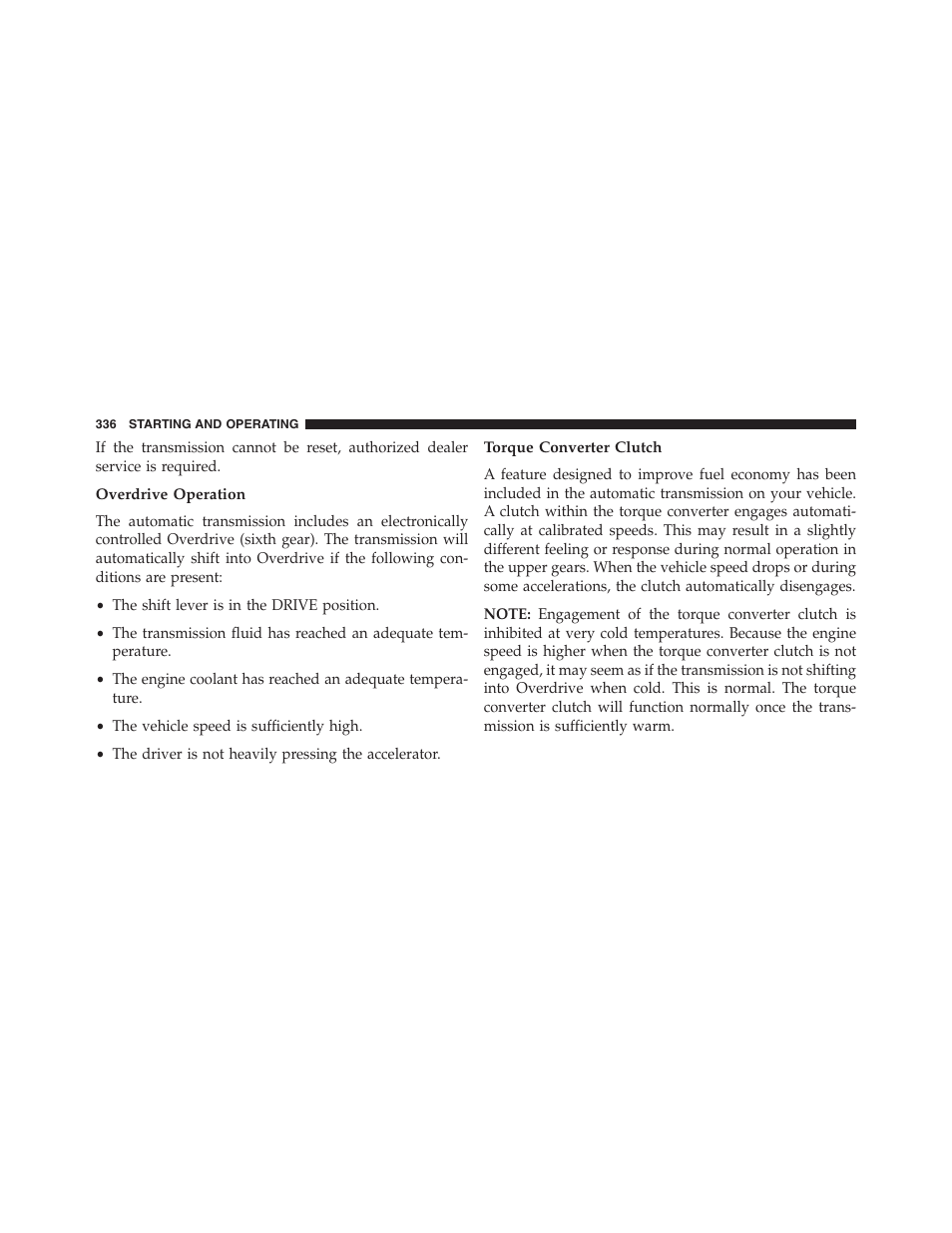 Overdrive operation, Torque converter clutch | Jeep 2015 Compass - Owner Manual User Manual | Page 338 / 572